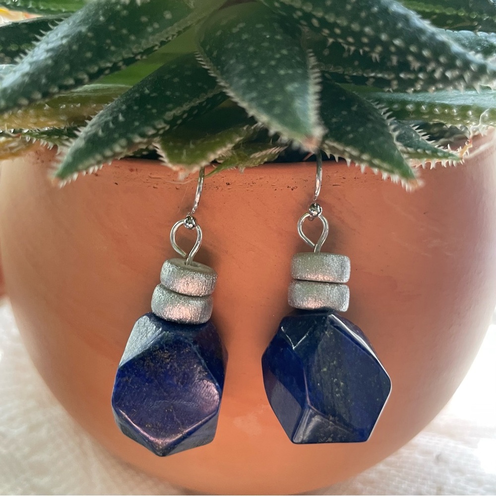 Faceted Lapis Lazuli & Wood Bead Earrings